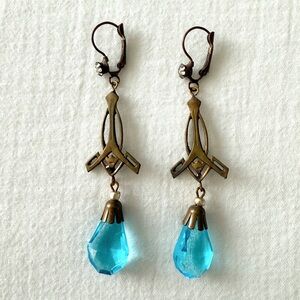 Vintage Czech Art Deco Brass Filigree & Turquoise Blue Glass Dangle Earrings